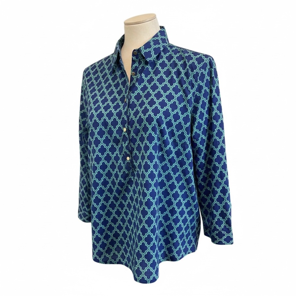 Lands' End Blue and Teal Patterned Cotton Top SZ 14